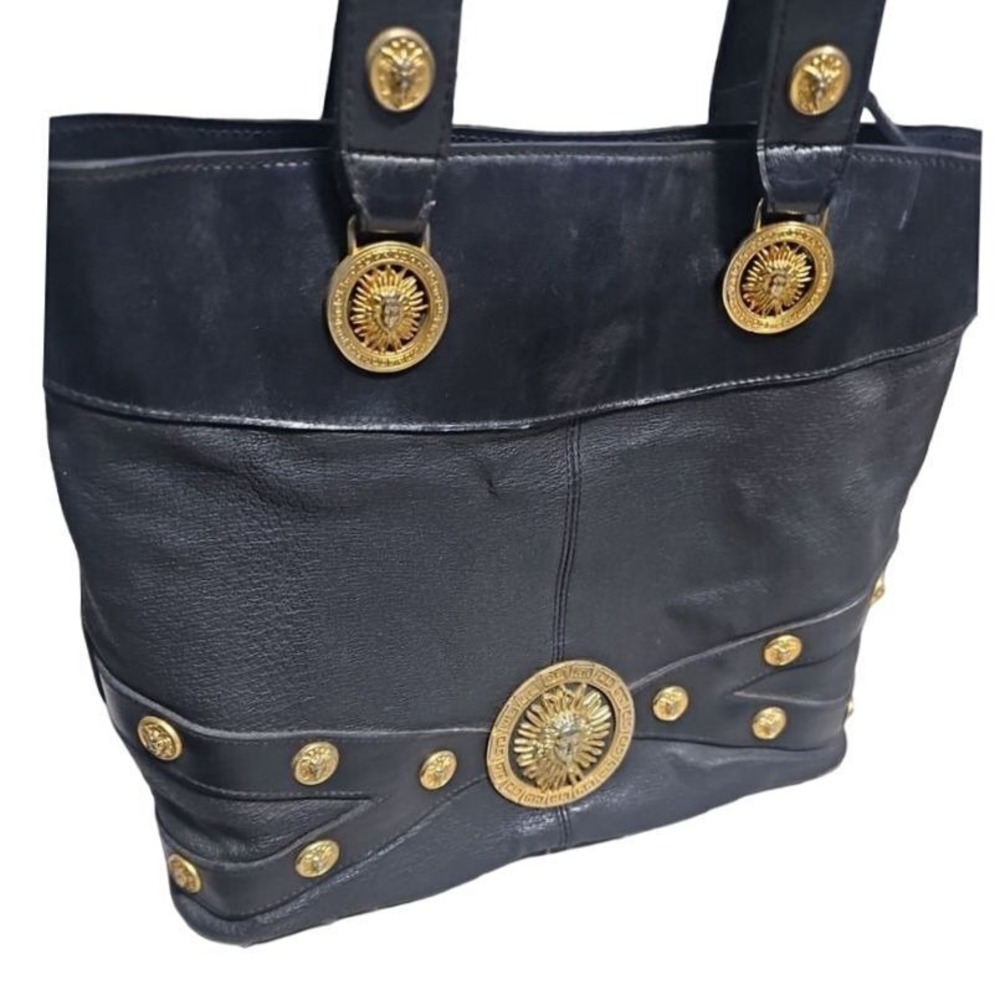 Vintage Medusa Leather Shoulder Bag with Gold Sun Medallions and Studded Details